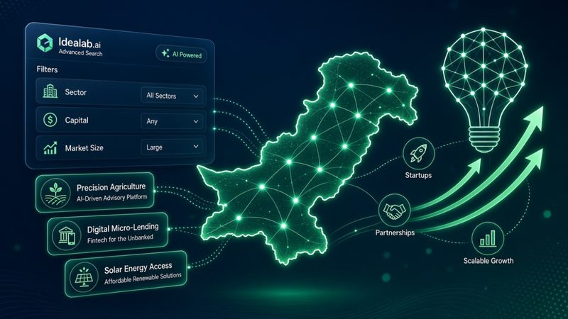 Idealab.ai پاکستان کے لیے بل گراس کے اے آئی پلیٹ فارم کا اسکرین شاٹ، جس میں کاروباری آئیڈیاز کو شعبے، سرمائے اور مارکیٹ کے حجم کے مطابق چھانٹا جا رہا ہے