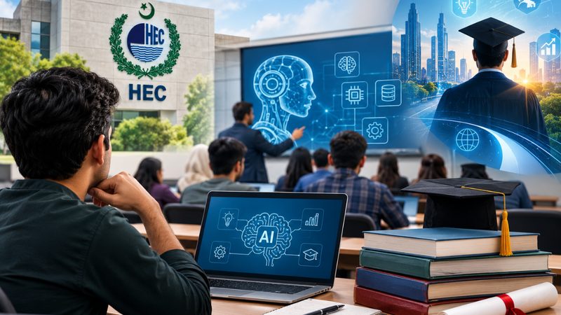 پاکستانی جامعہ کے لیکچر ہال میں طلبہ لازمی اے آئی کورس کی کلاس لیتے ہوئے