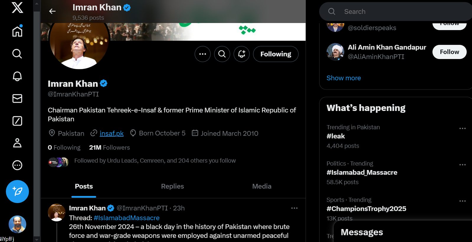 عمران خان کے آفیشل ایکس اکاؤنٹ سے کارکنان کی ہلاکت کی ویڈیوز ڈیلیٹ