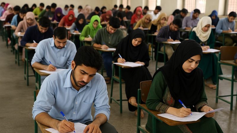 ایم ڈی کیٹ 2026 کے امتحانی مرکز میں امیدوار پرچہ حل کرتے ہوئے