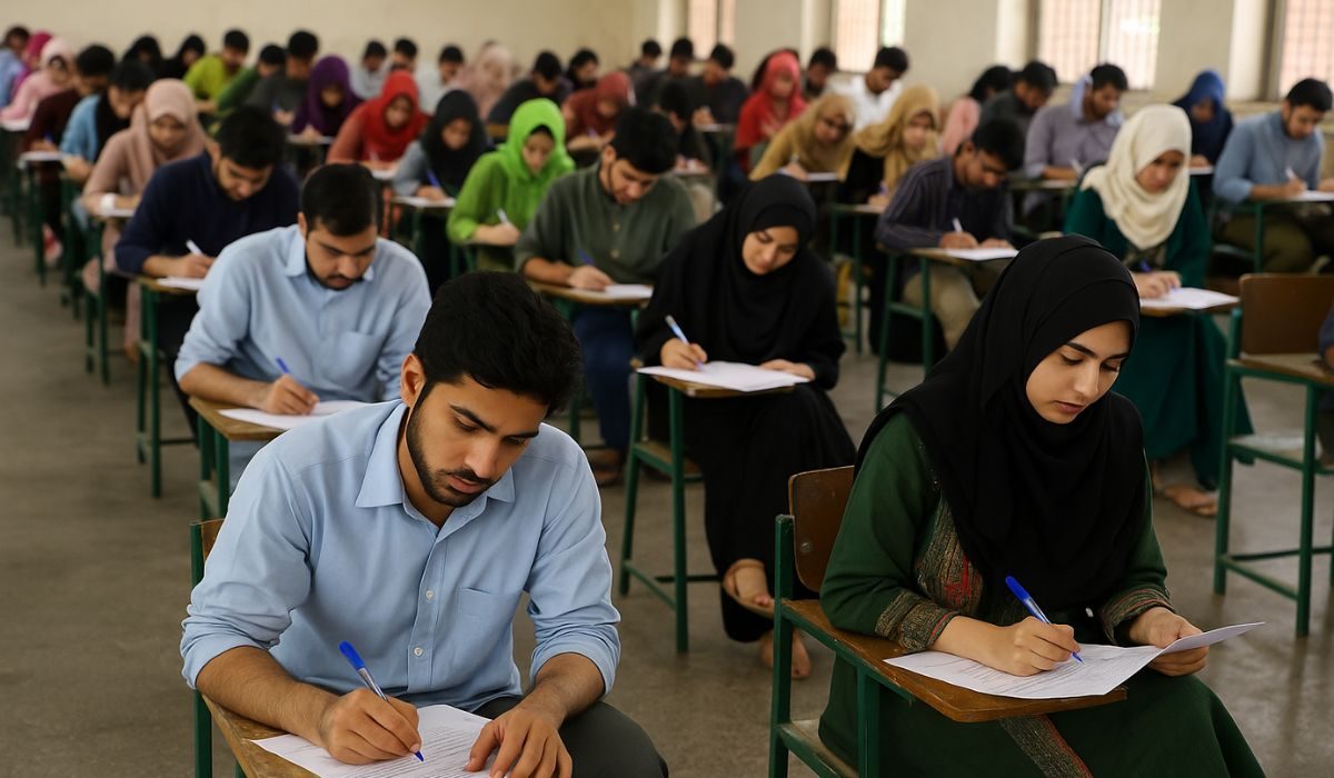 ایم ڈی کیٹ 2026 کے امتحانی مرکز میں امیدوار پرچہ حل کرتے ہوئے