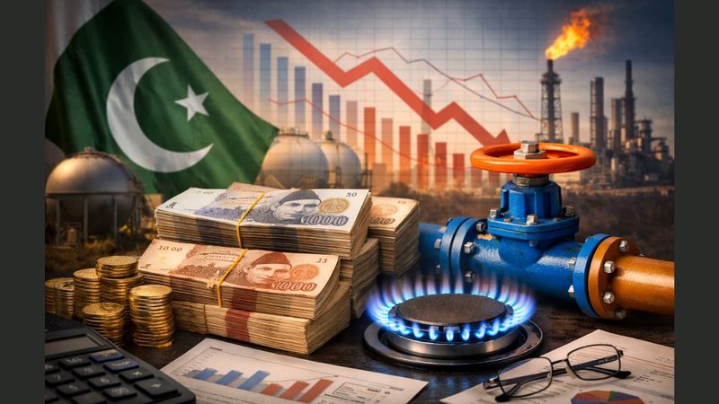 سرکلر ڈیٹ کے بحران کی عکاسی کرتی گیس پائپ لائن اور بجلی کے کھمبوں کی تصویر