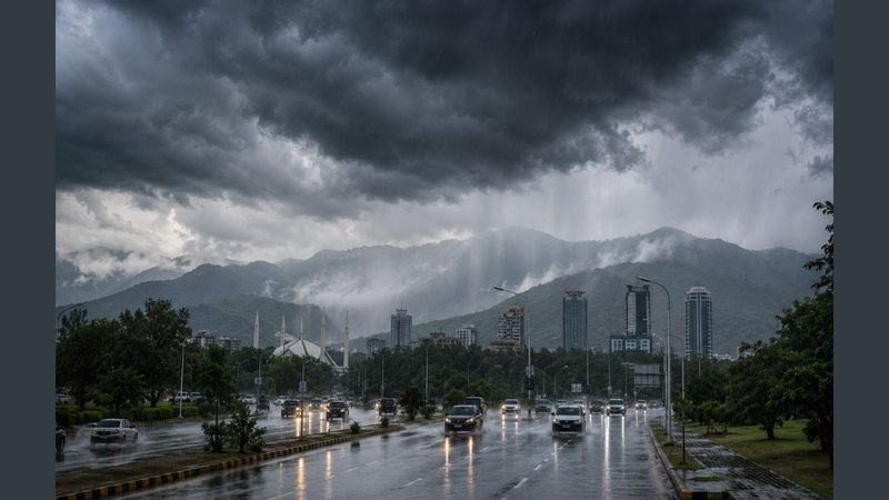راولپنڈی اسلام آباد میں شہری سیلاب وارننگ کے دوران جاری بارش کی عکاسی کرتی تصویر