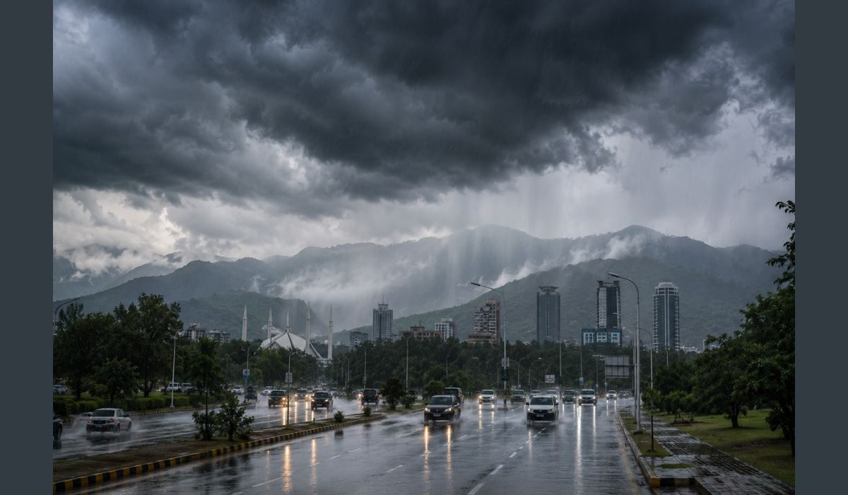 راولپنڈی اسلام آباد میں شہری سیلاب وارننگ کے دوران جاری بارش کی عکاسی کرتی تصویر