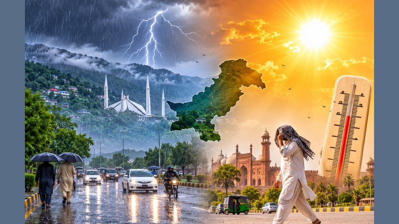 راولپنڈی اسلام آباد میں شہری سیلاب وارننگ کے دوران جاری بارش کی عکاسی کرتی تصویر