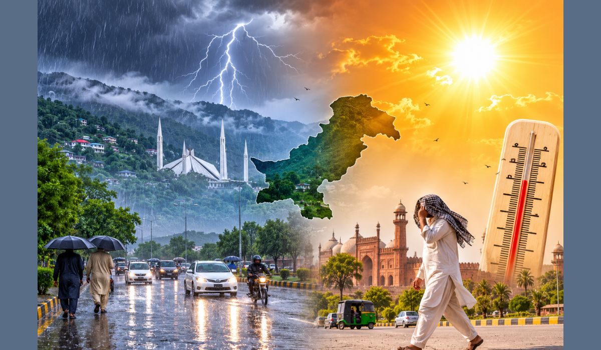 راولپنڈی اسلام آباد میں شہری سیلاب وارننگ کے دوران جاری بارش کی عکاسی کرتی تصویر