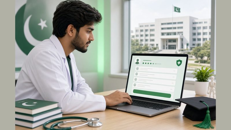 ایم ڈی کیٹ کوسچن بینک کی تیاری کو ظاہر کرتی تصویر جس میں پی ایم اینڈ ڈی سی حکام اور امتحان کی تیاری کرتے امیدوار دکھائے گئے ہیں