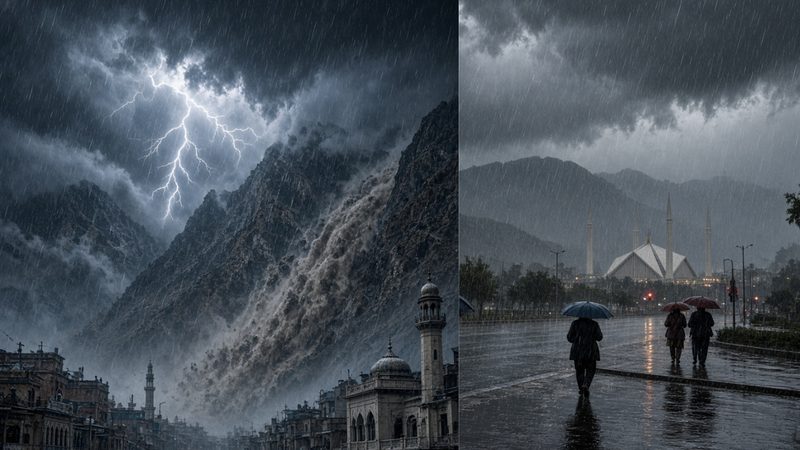 پاکستان شدید بارش وارننگ کا نقشہ جس میں پنجاب اور خیبر پختونخوا کے سیلاب زدہ اضلاع دکھائے گئے ہیں