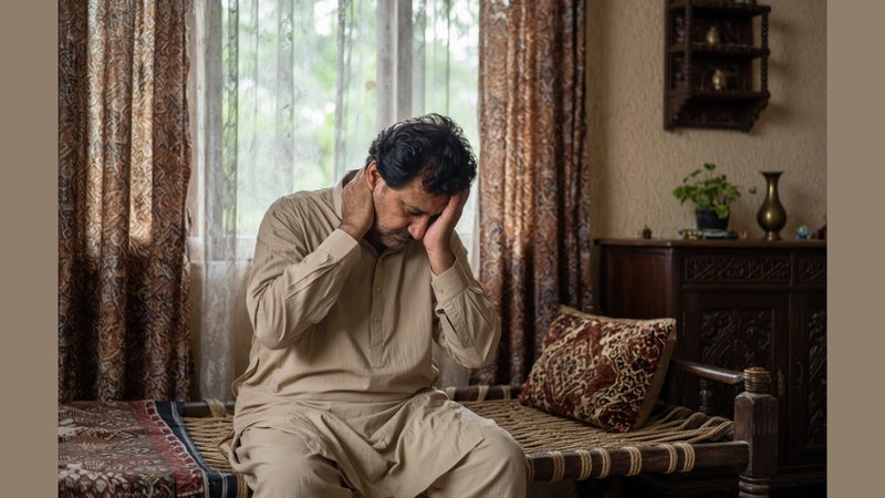 جھکتے وقت سر درد میں مبتلا شخص کی علامتی تصویر
