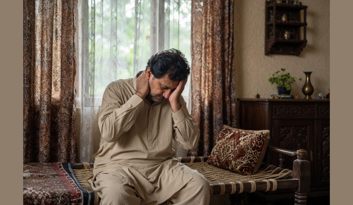 جھکتے وقت سر درد میں مبتلا شخص کی علامتی تصویر