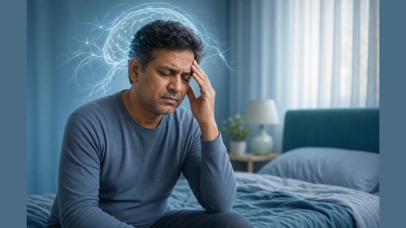 سر درد میں مبتلا پاکستانی خاتون مائیگرین کے علاج کے لیے آرام کر رہی ہے