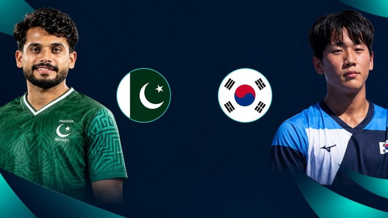 پاکستان اور جنوبی کوریا کی جونیئر ہاکی ٹیموں کے کھلاڑیوں کی تصاویر، قومی پرچم اور سیمی فائنل میچ کی تفصیلات دکھانے والا پوسٹر