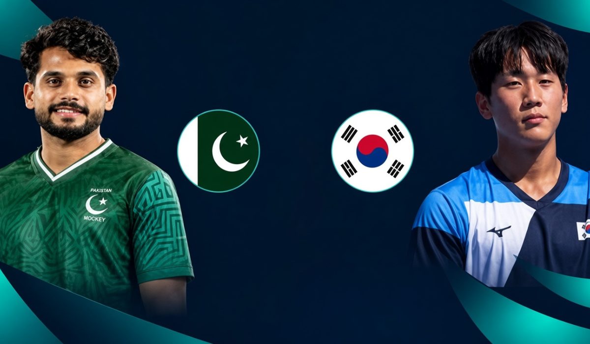 پاکستان اور جنوبی کوریا کی جونیئر ہاکی ٹیموں کے کھلاڑیوں کی تصاویر، قومی پرچم اور سیمی فائنل میچ کی تفصیلات دکھانے والا پوسٹر