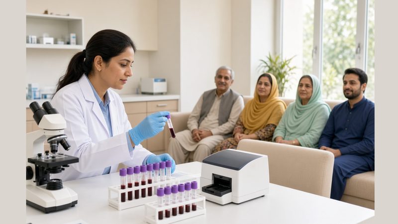 لیبارٹری میں ہیموگلوبن بلڈ ٹیسٹ کے لیے خون کا نمونہ لیا جا رہا ہے