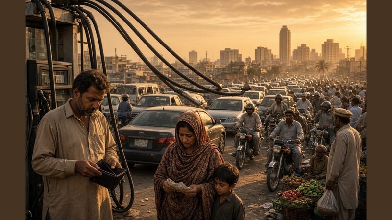 "پاکستان میں پیٹرول پمپ کا بورڈ جس پر ڈیزل اور پیٹرول کی بڑھتی قیمتیں دکھائی گئی ہیں، پاکستان ایس پی آئی مہنگائی میں اضافہ، ستمبر 2026"