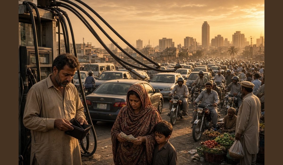 "پاکستان میں پیٹرول پمپ کا بورڈ جس پر ڈیزل اور پیٹرول کی بڑھتی قیمتیں دکھائی گئی ہیں، پاکستان ایس پی آئی مہنگائی میں اضافہ، ستمبر 2026"