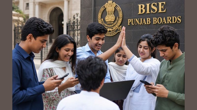 "پنجاب انٹرمیڈیٹ نتائج 2026 کے اعلان کے بعد نتیجہ چیک کرتے طلبہ کی تصویر"
