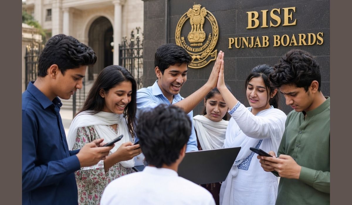 "پنجاب انٹرمیڈیٹ نتائج 2026 کے اعلان کے بعد نتیجہ چیک کرتے طلبہ کی تصویر"