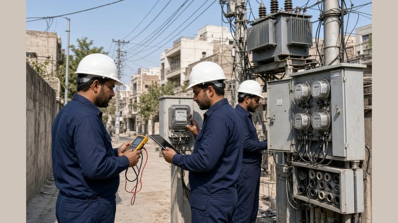 بجلی چوری کا آڈٹ کرنے کے لیے تکنیکی ٹیم بجلی کی تاروں اور میٹرز کا معائنہ کر رہی ہے