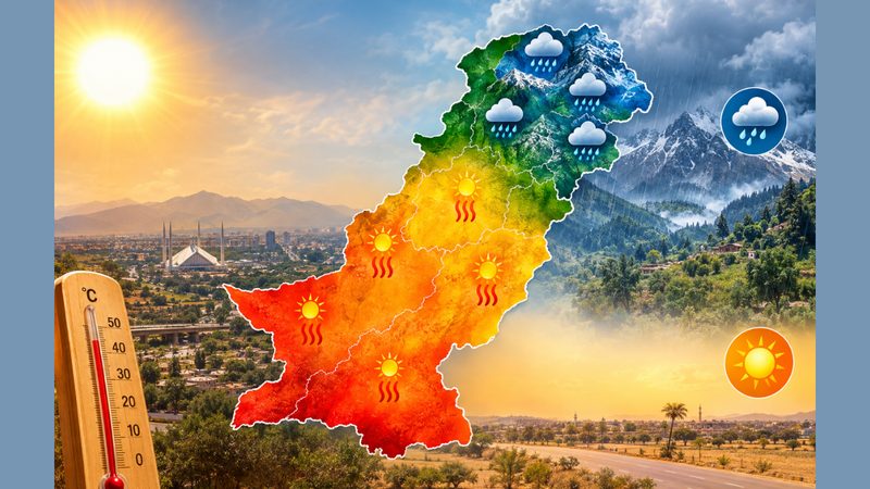پاکستان موسمیاتی صورتحال کا نقشہ جس میں میدانی علاقوں میں گرمی اور شمالی پہاڑی علاقوں میں مقامی بارش دکھائی گئی ہے