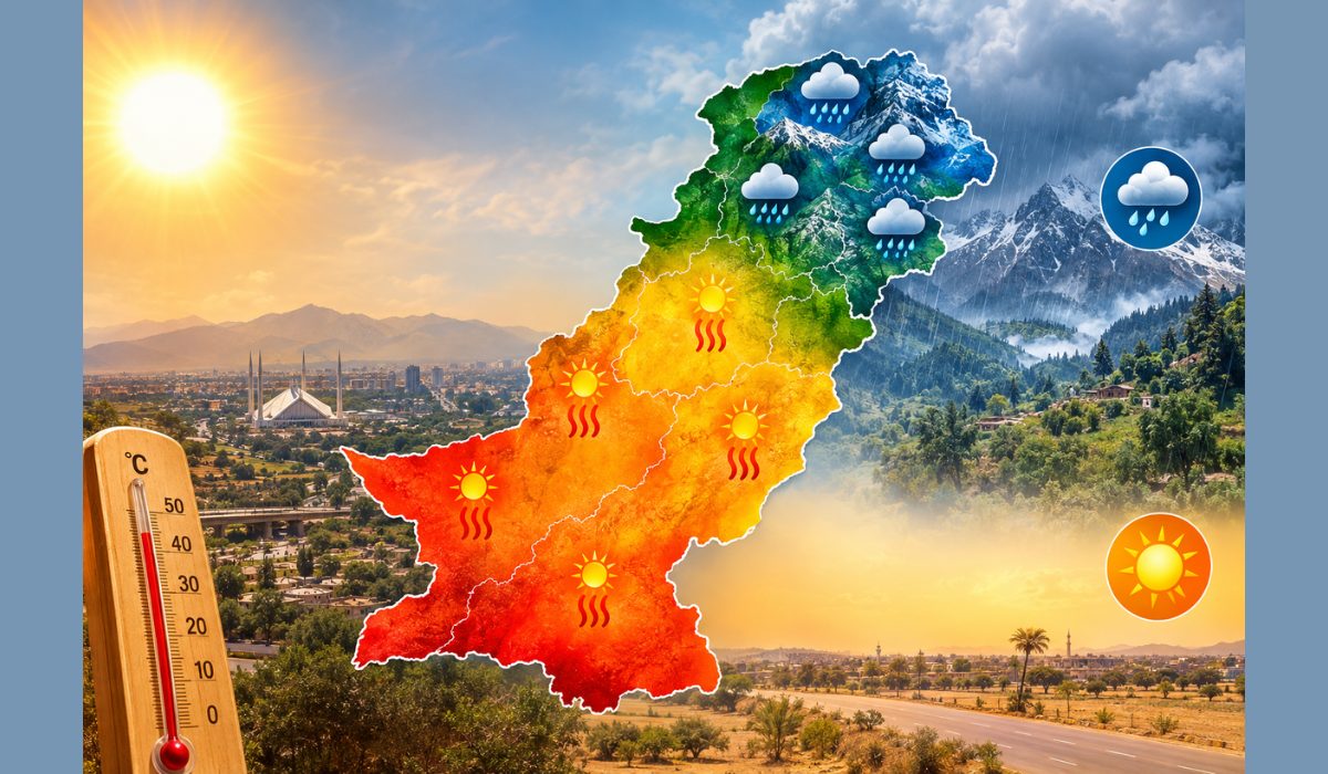 پاکستان موسمیاتی صورتحال کا نقشہ جس میں میدانی علاقوں میں گرمی اور شمالی پہاڑی علاقوں میں مقامی بارش دکھائی گئی ہے