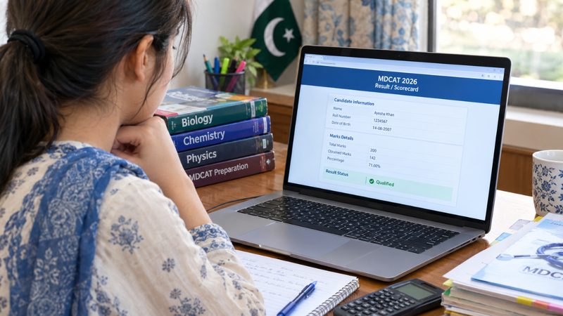 طالب علم لیپ ٹاپ سکرین پر اپنا ایم ڈی کیٹ 2026 نتیجہ اور مارک شیٹ دیکھتے ہوئے