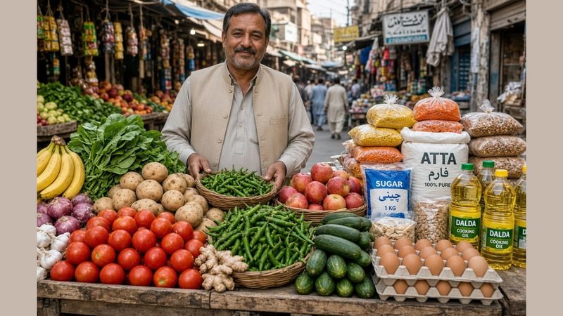 پاکستانی سبزی منڈی میں دکاندار سبزیاں اور اشیائے خوراک فروخت کرتے ہوئے جو ہفتہ وار ایس پی آئی مہنگائی کی رپورٹ میں شامل ہیں