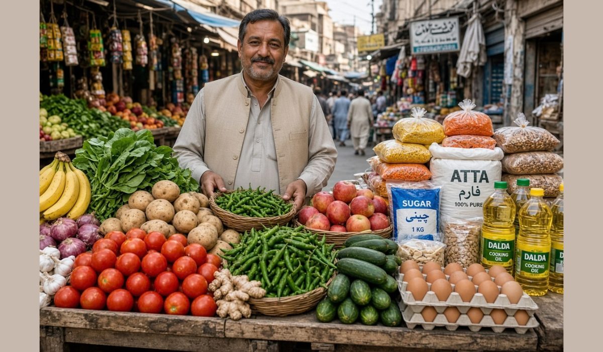 پاکستانی سبزی منڈی میں دکاندار سبزیاں اور اشیائے خوراک فروخت کرتے ہوئے جو ہفتہ وار ایس پی آئی مہنگائی کی رپورٹ میں شامل ہیں