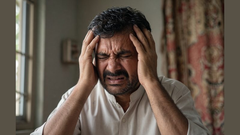 شدید ترین درد میں مبتلا ایک شخص اپنا سر تھامے ہوئے، جو کلسٹر ہیڈیک جیسی تکلیف کی عکاسی کرتا ہے