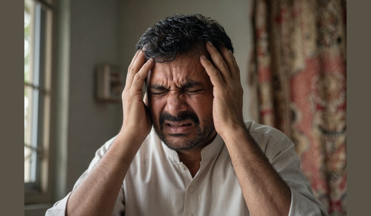 شدید ترین درد میں مبتلا ایک شخص اپنا سر تھامے ہوئے، جو کلسٹر ہیڈیک جیسی تکلیف کی عکاسی کرتا ہے
