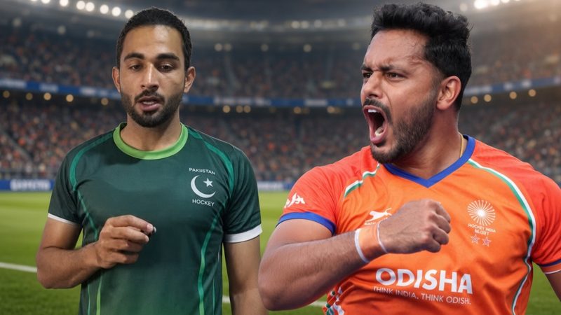 پاک بھارت ہاکی سیمی فائنل سے قبل ایشین گیمز 2026 میں پاکستان اور بھارت کے ہاکی کھلاڑی میدان میں مدمقابل
