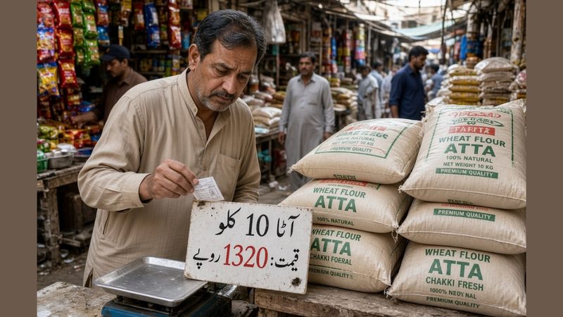 ہفتہ وار مہنگائی میں اضافے کے دوران بازار میں آٹے کی قیمت دیکھتا خریدار