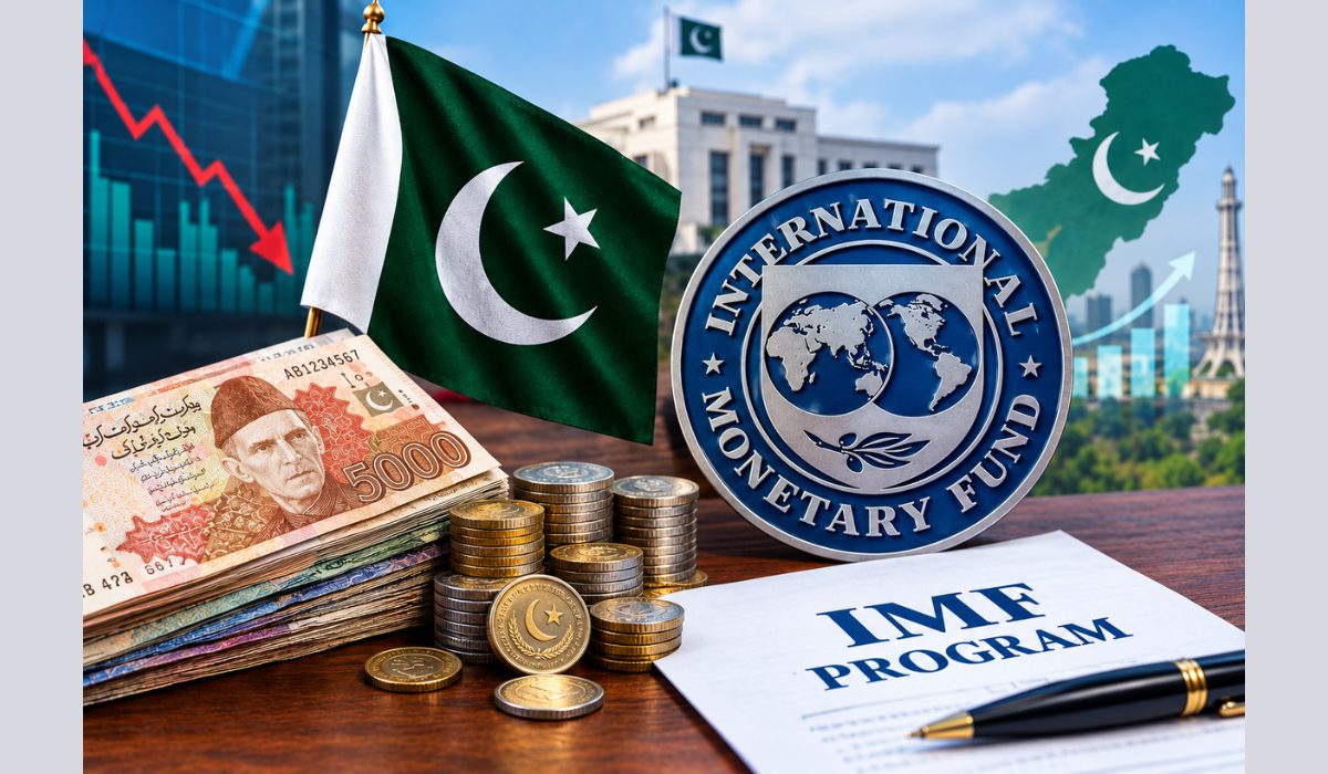 پاکستانی روپے اور آئی ایم ایف کے نشان پر مشتمل علامتی تصویر، جو آئی ایم ایف معاہدہ اور پاکستان کی معاشی صورتحال کی عکاسی کرتی ہے