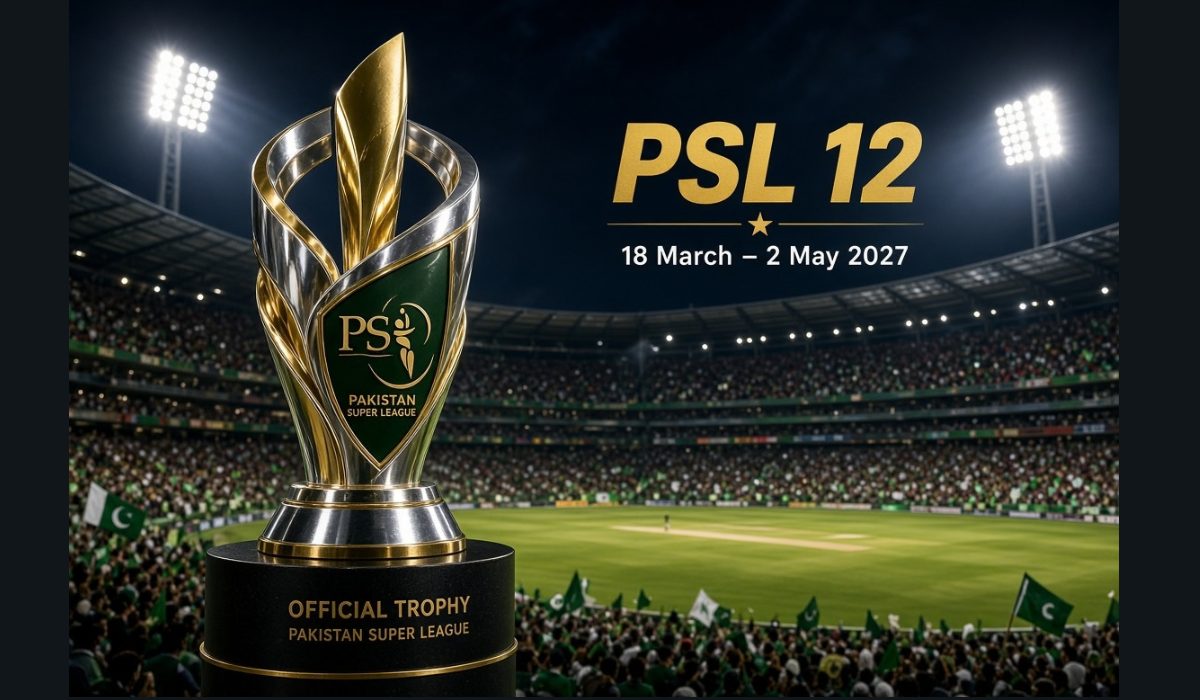پاکستان سپر لیگ کی ٹرافی اور اسٹیڈیم کا منظر، پی ایس ایل 12 کے شیڈول کی خبر کے لیے علامتی تصویر