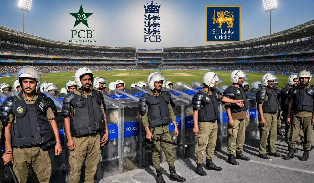 راولپنڈی کرکٹ اسٹیڈیم سیکیورٹی کے تحت اسٹیڈیم کے باہر پولیس اہلکار اور واک تھرو گیٹس