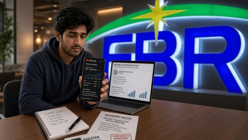 موبائل پر ویڈیو چینل دیکھتا ہوا کریئیٹر، جو سوشل میڈیا کریئیٹرز ٹیکس اور یوٹیوب آمدن پر ایف بی آر کے نئے طریقہ کار کی عکاسی کرتا ہے