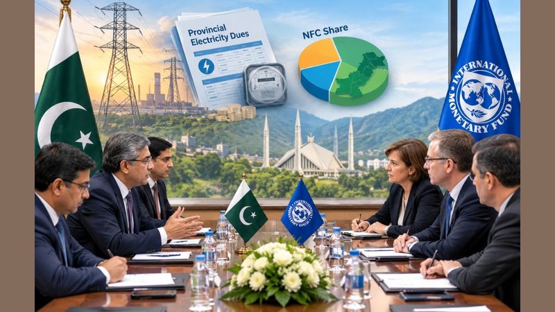 اسلام آباد میں پاکستان اور آئی ایم ایف کے مذاکرات کی علامتی تصویر، جس میں صوبائی بجلی واجبات اور این ایف سی شیئر پر بات چیت دکھائی گئی ہے