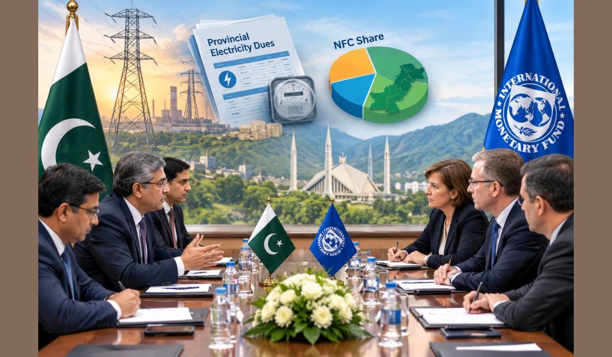 اسلام آباد میں پاکستان اور آئی ایم ایف کے مذاکرات کی علامتی تصویر، جس میں صوبائی بجلی واجبات اور این ایف سی شیئر پر بات چیت دکھائی گئی ہے