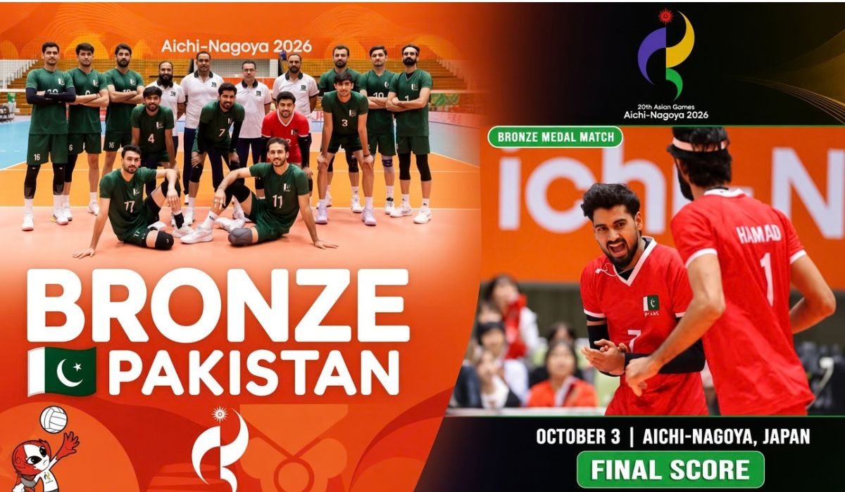 ایشین گیمز 2026 میں چین کو شکست دینے کے بعد پاکستانی مردوں کی والی بال ٹیم کانسی کے تمغوں کے ساتھ، پاکستان والی بال برانز میڈل کی یادگار تصویر